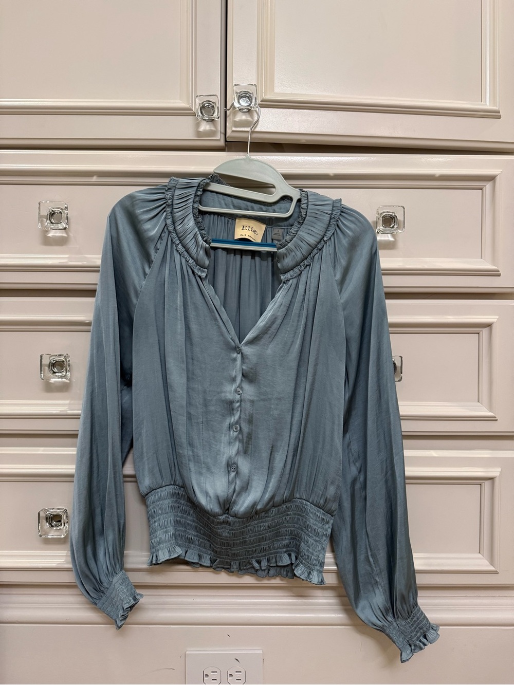 Ellie Dusty Blue Ruffled Collar Button Blouse